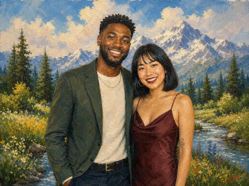 Bob Ross Landscape Painting AI photo booth effect — Couple rendering