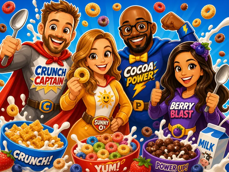 Breakfast Cereal Box Character AI photo booth effect — Group rendering