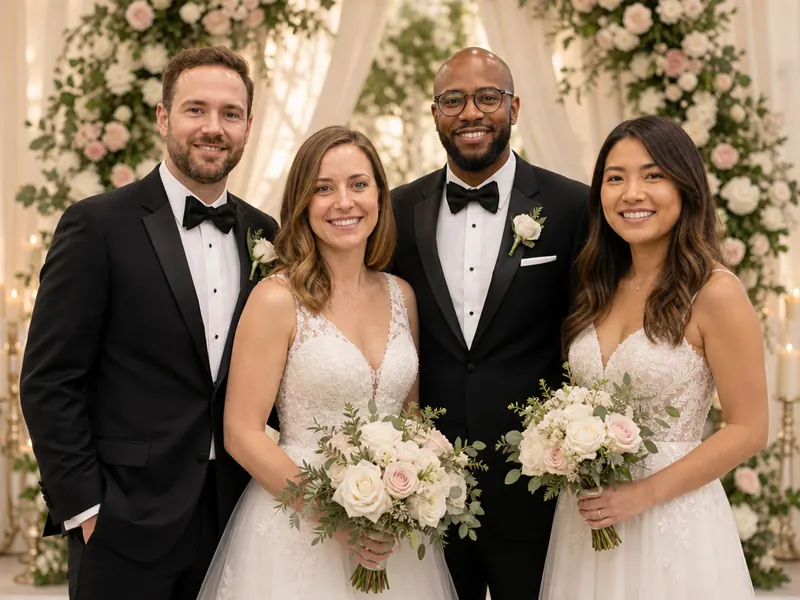 Bride & Groom Wedding AI photo booth effect — Group rendering