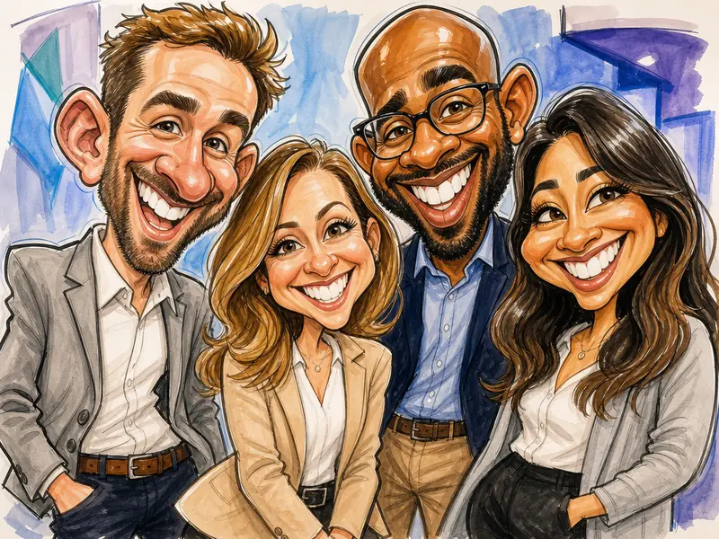 Caricature Artist Drawing AI photo booth effect — Group rendering