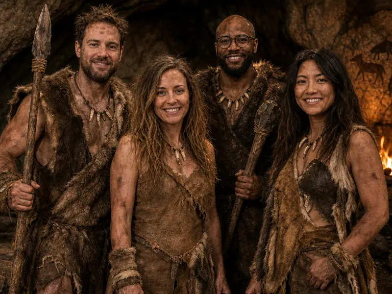 Caveman Cavewoman AI photo booth effect — Group rendering