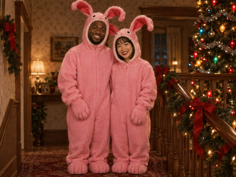 Pink Bunny Suit Christmas AI photo booth effect: Couple rendering