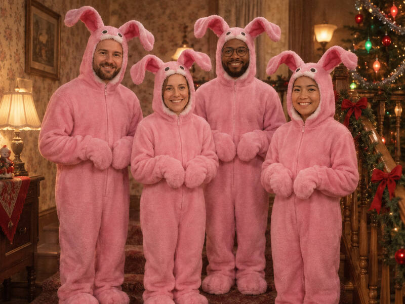 Pink Bunny Suit Christmas AI photo booth effect: Group rendering