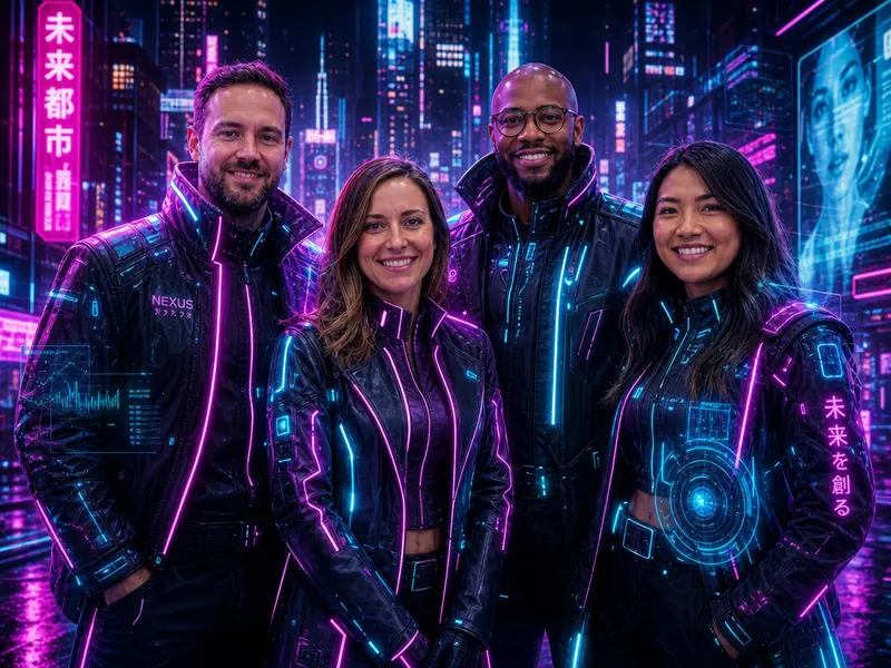 Cyberpunk Neon AI photo booth effect — Group rendering