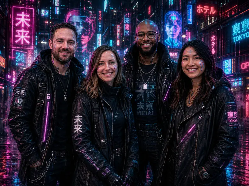 Cyberpunk Tokyo Hacker AI photo booth effect — Group rendering