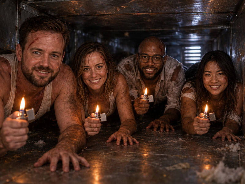 Die Hard Air Duct Crawl AI photo booth effect: Group rendering