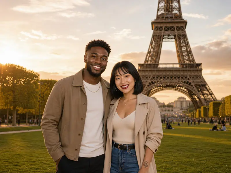 Eiffel Tower Paris AI photo booth effect — Couple rendering