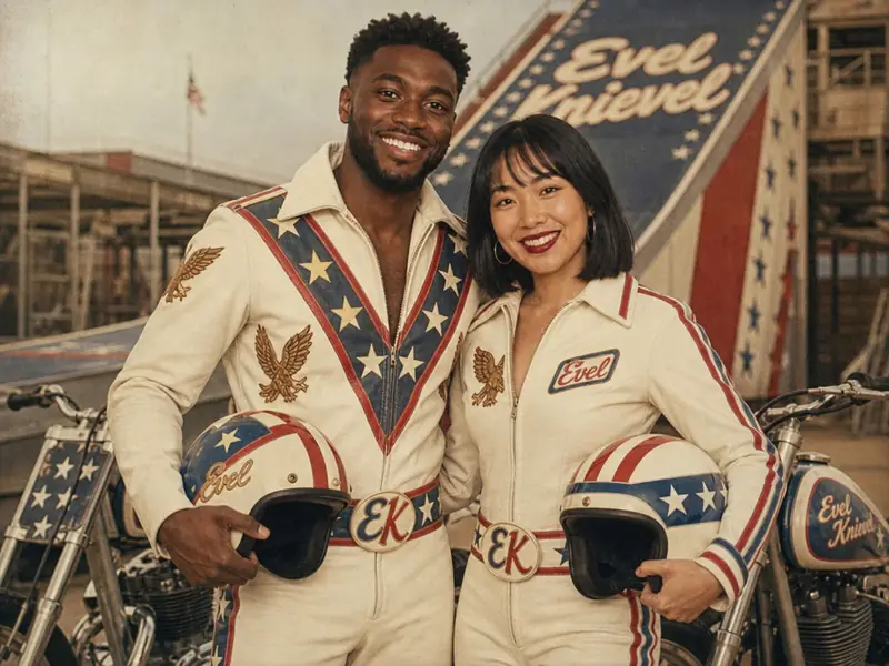 Evel Knievel Stuntman AI photo booth effect — Couple rendering