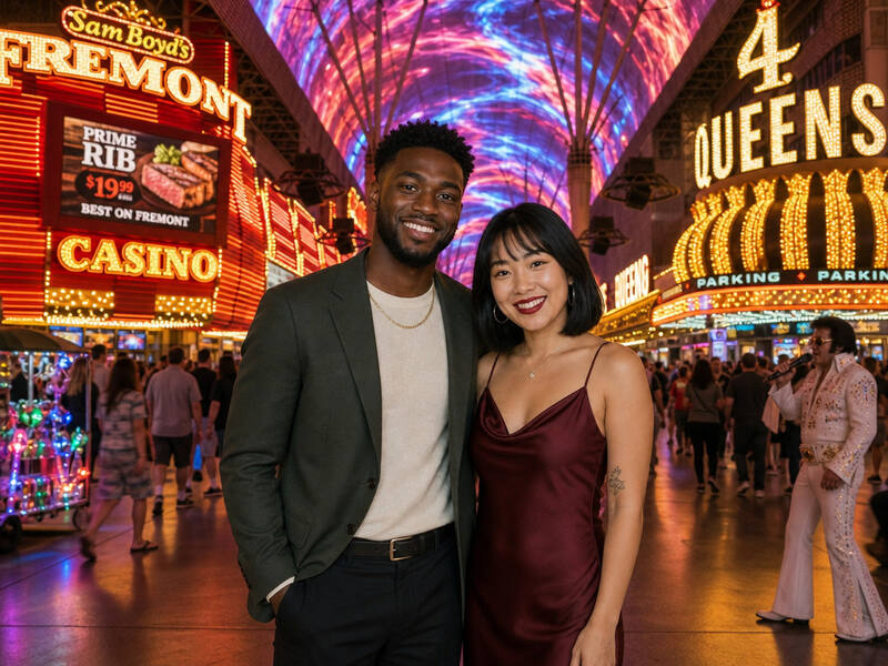 Fremont Street Experience AI photo booth effect — Couple rendering