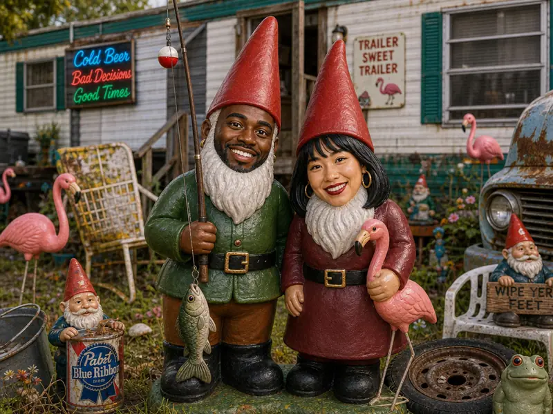 Garden Gnome Trailer Park AI photo booth effect — Couple rendering