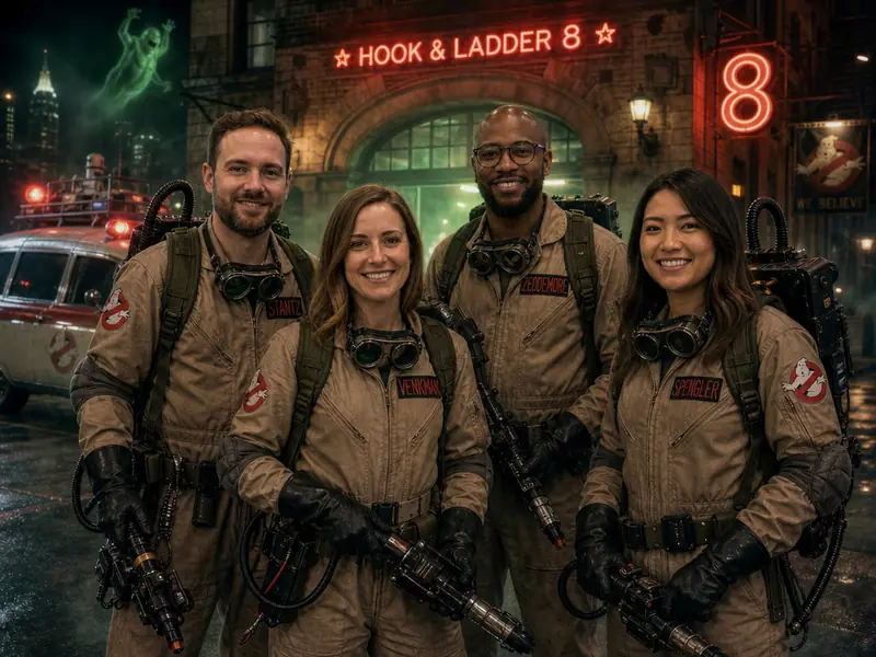 Ghostbusters Firehouse AI photo booth effect — Group rendering