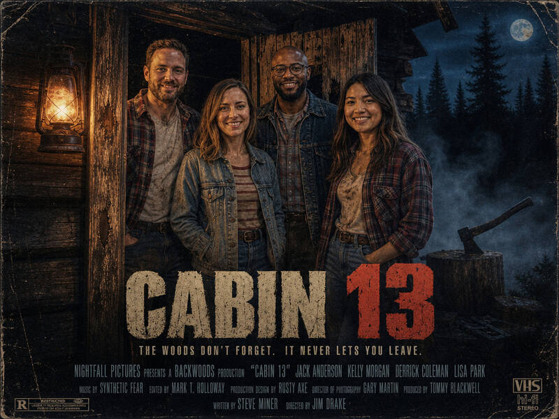 Haunted Cabin Horror Poster AI photo booth effect — Group rendering
