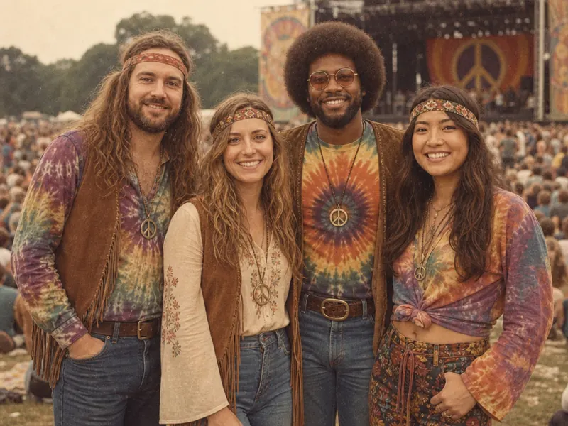 Hippie 70s AI photo booth effect — Group rendering