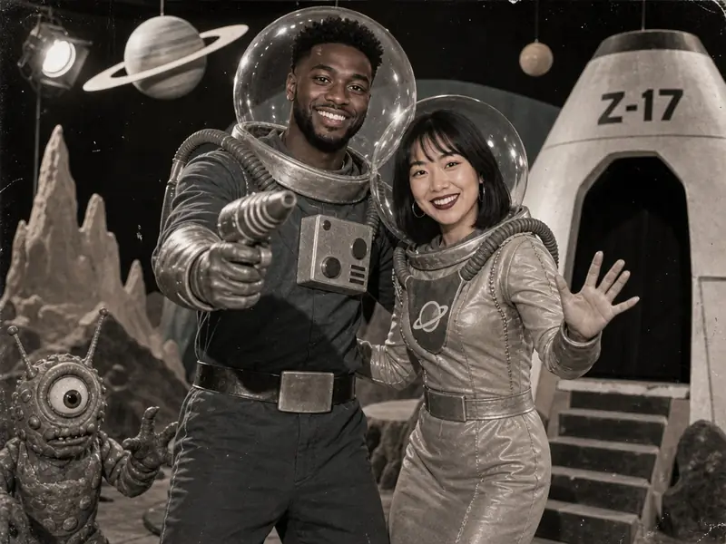 Hokey B-Movie Sci-Fi Adventure AI photo booth effect — Couple rendering
