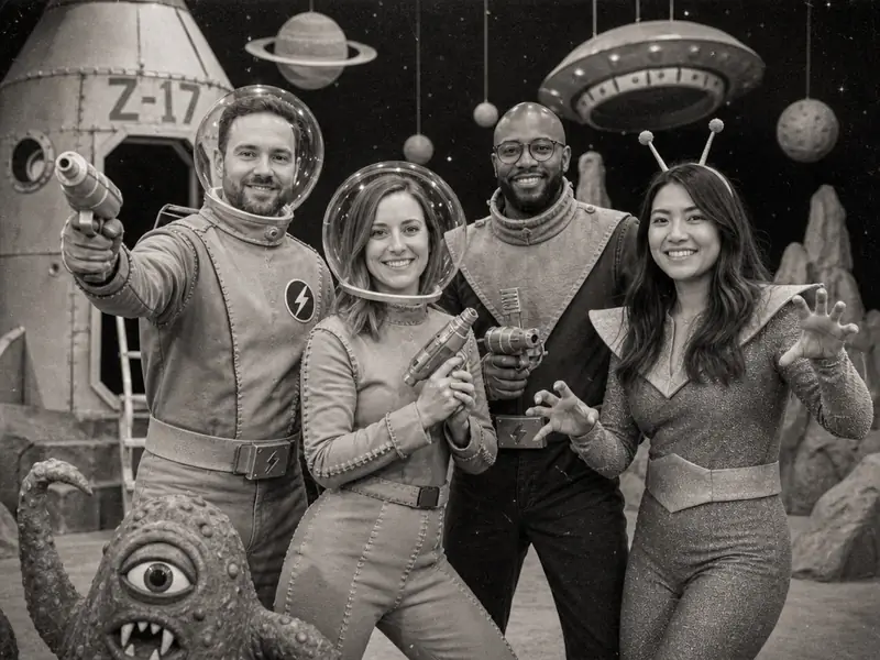 Hokey B-Movie Sci-Fi Adventure AI photo booth effect — Group rendering