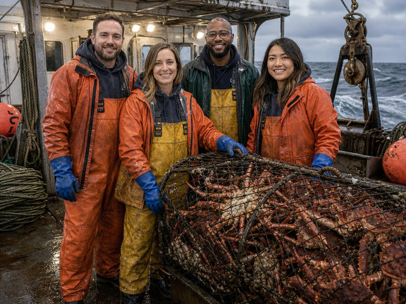King Crab Boat Deck AI photo booth effect — Group rendering