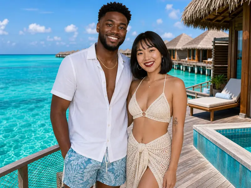 Maldives Overwater Bungalow AI photo booth effect — Couple rendering