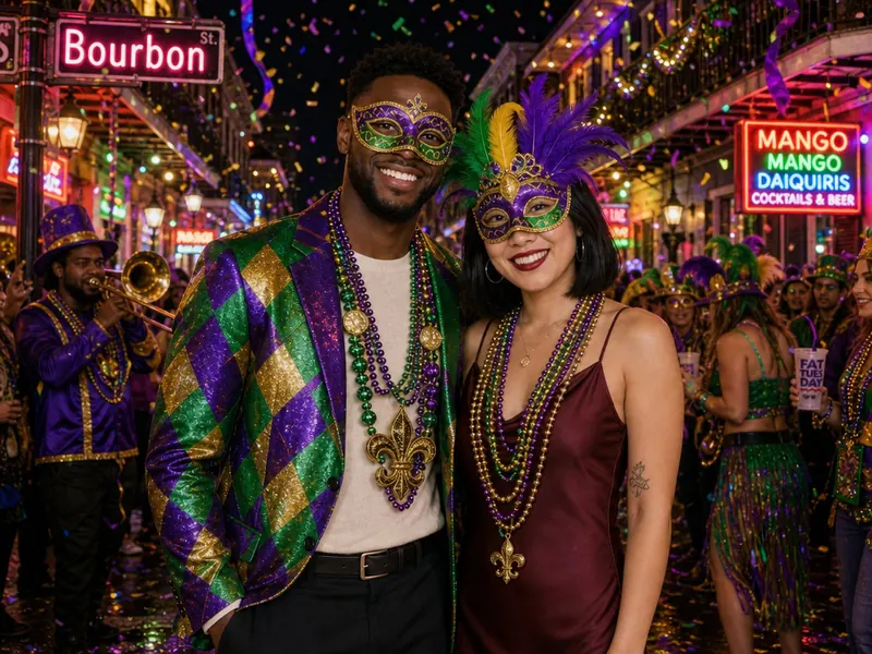 Mardi Gras Bourbon Street AI photo booth effect — Couple rendering