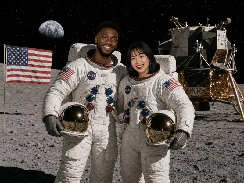 Moon Landing 1969 AI photo booth effect — Couple rendering