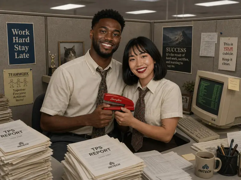Office Space Red Stapler AI photo booth effect — Couple rendering