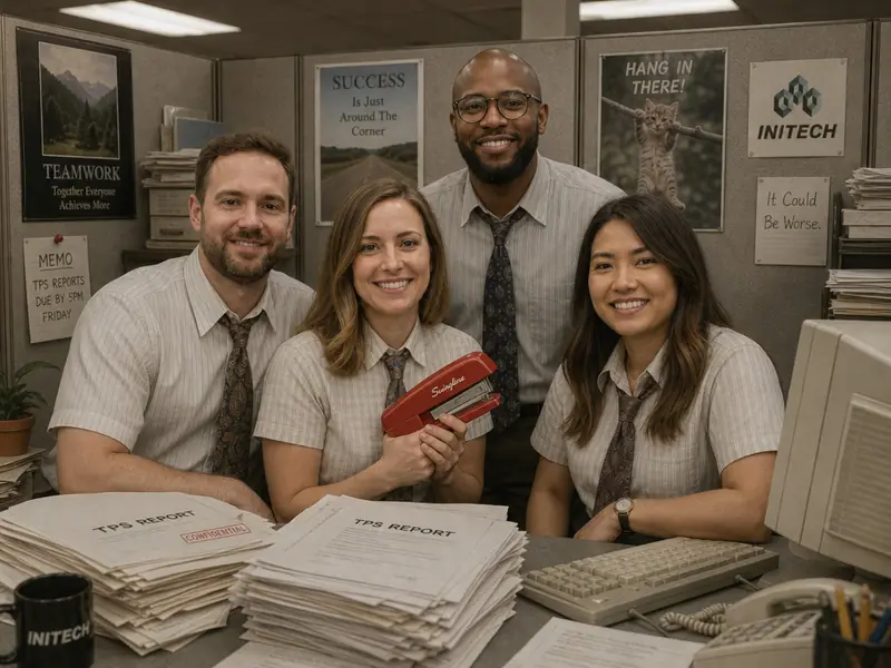 Office Space Red Stapler AI photo booth effect — Group rendering