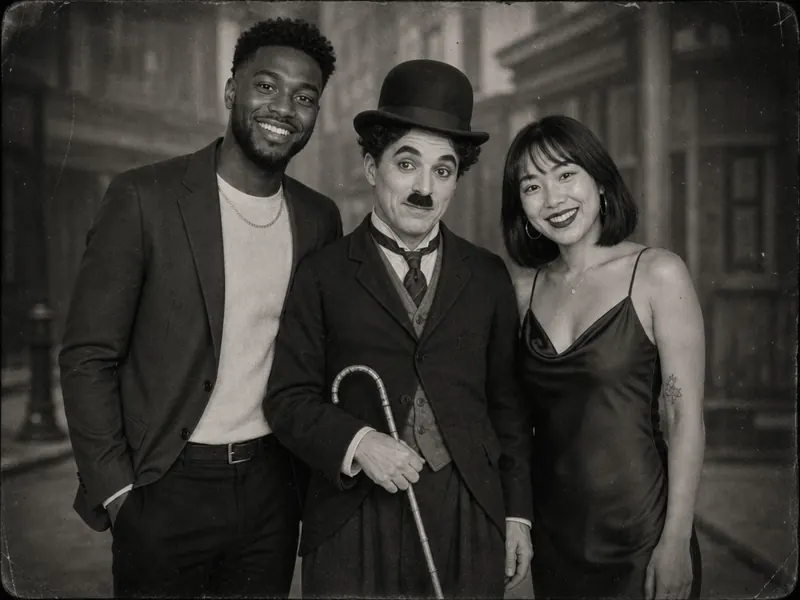 Pose with Charlie Chaplin — couple