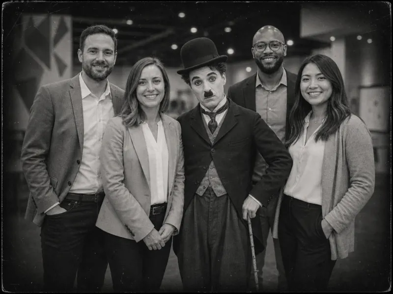Pose with Charlie Chaplin — group