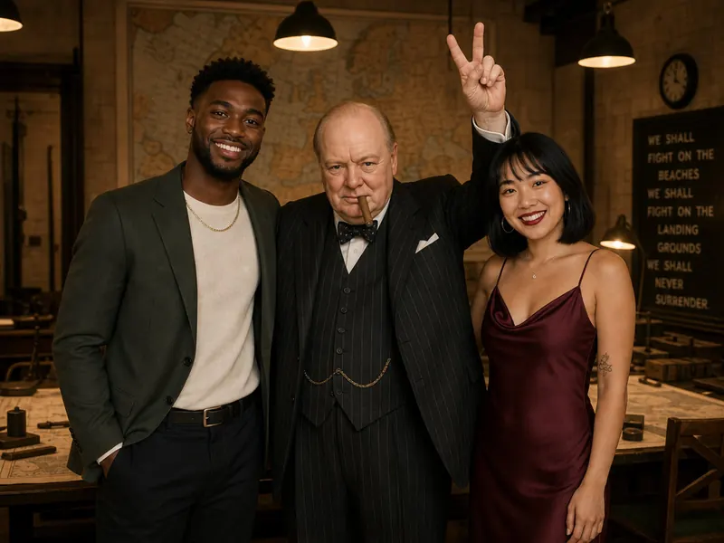 Pose with Winston Churchill — couple