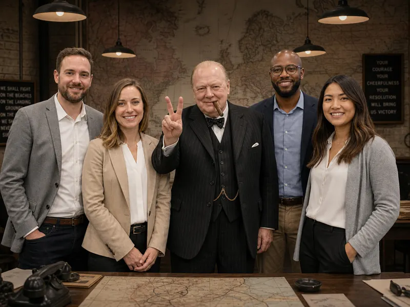 Pose with Winston Churchill — group