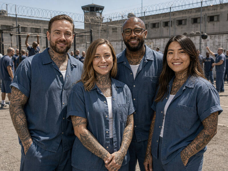 Prison Yard Inmates AI photo booth effect — Group rendering