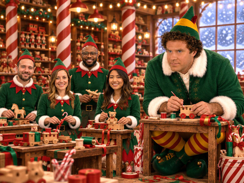 Elf: Too Big For The Workshop AI photo booth effect: Group rendering