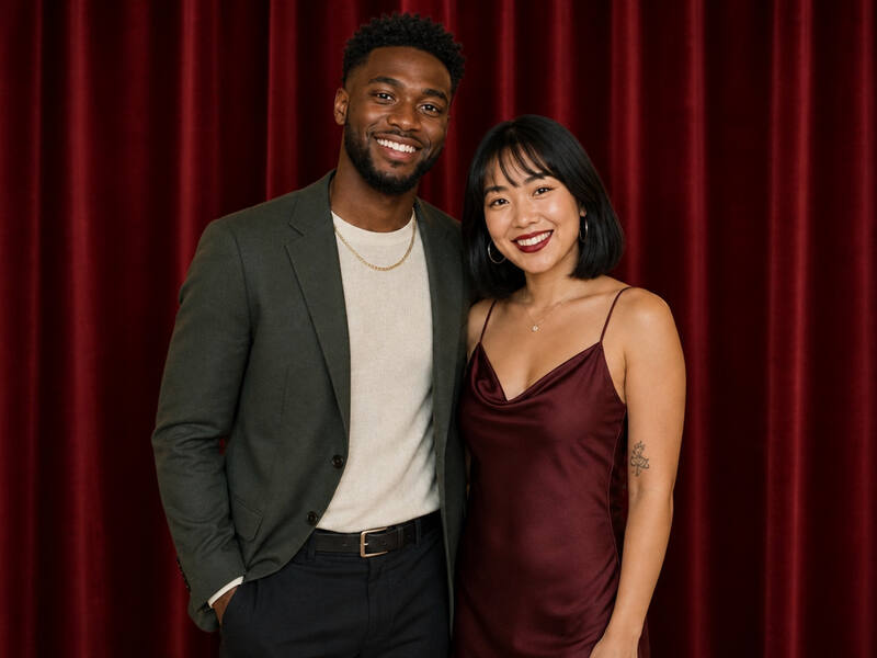 Red Velvet Curtain Portrait AI photo booth effect: Couple rendering