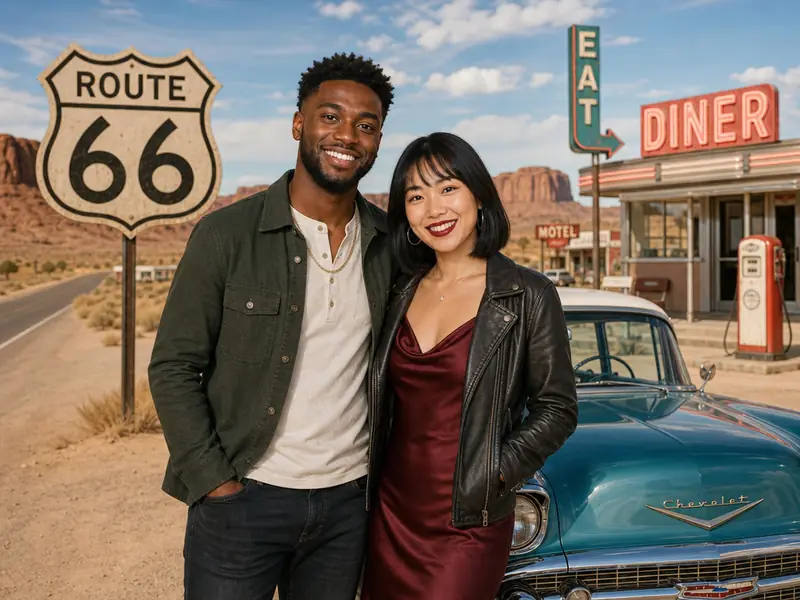 Route 66 Cross Country Road Trip AI photo booth effect — Couple rendering