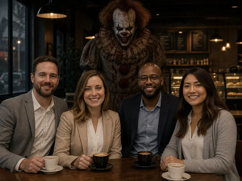 Scary Clown Coffee Shop AI photo booth effect — Group rendering