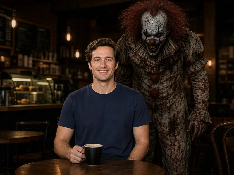 Scary Clown Coffee Shop AI photo booth effect — Solo rendering