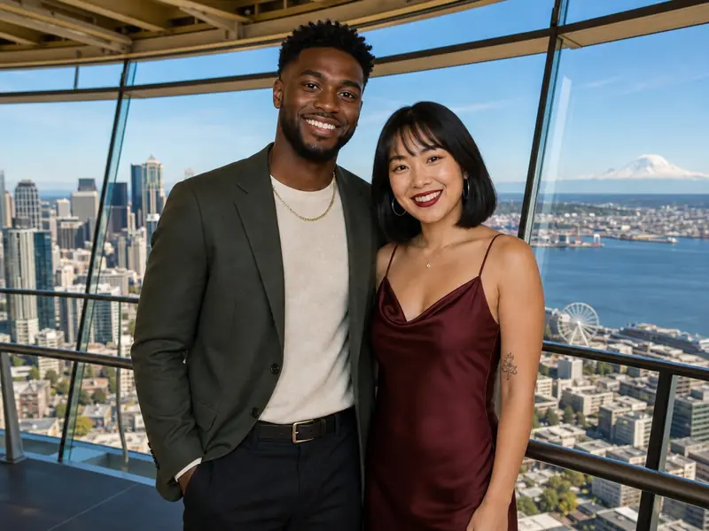 Space Needle Seattle AI photo booth effect — Couple rendering