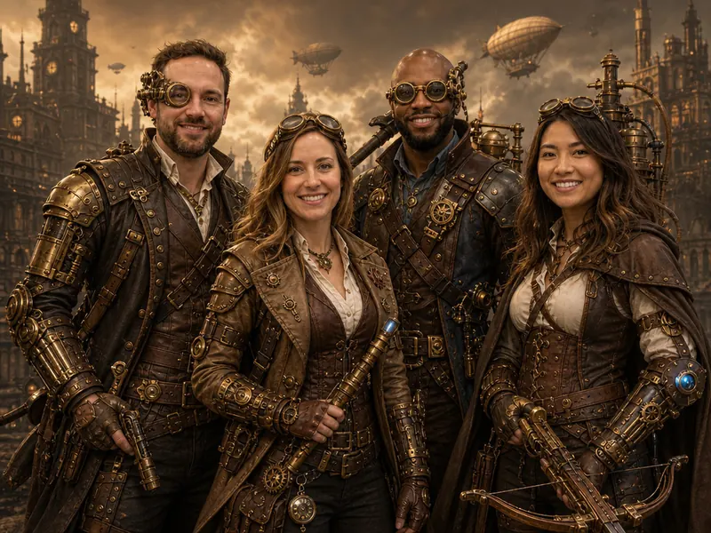 Steampunk RPG Character AI photo booth effect — Group rendering