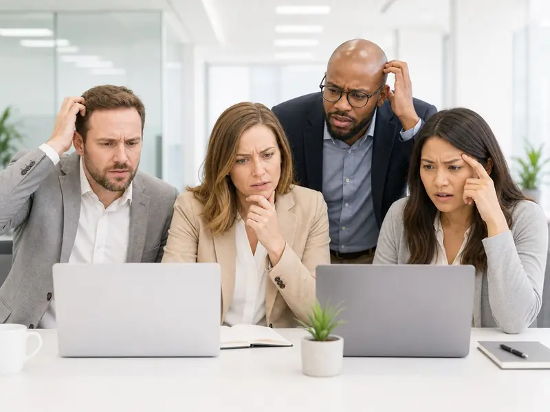 Stock Photo Confused at Laptop AI photo booth effect — Group rendering