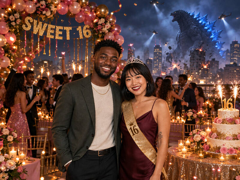 Sweet Sixteen With Godzilla AI photo booth effect: Couple rendering