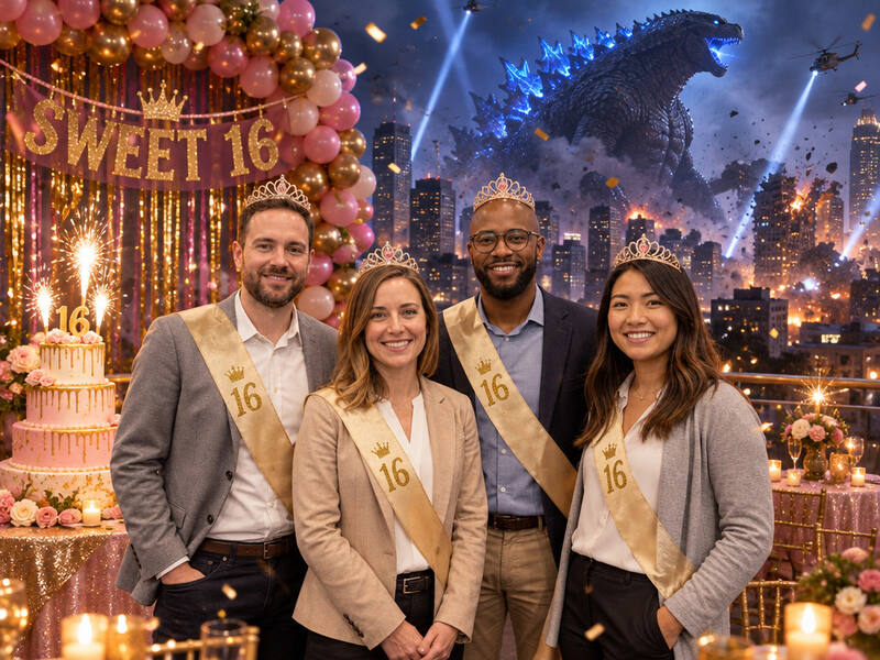 Sweet Sixteen With Godzilla AI photo booth effect: Group rendering