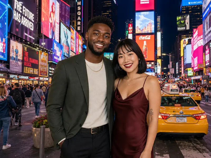Times Square New York AI photo booth effect — Couple rendering
