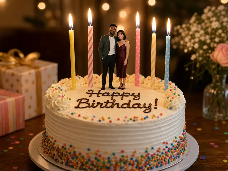Tiny on Giant Cake — couple
