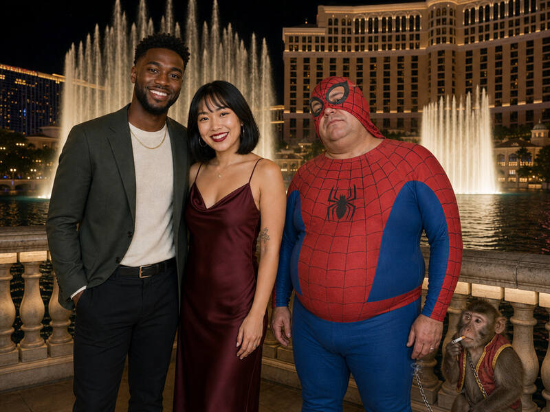 Vegas Knock-Off Superhero AI photo booth effect — Couple rendering