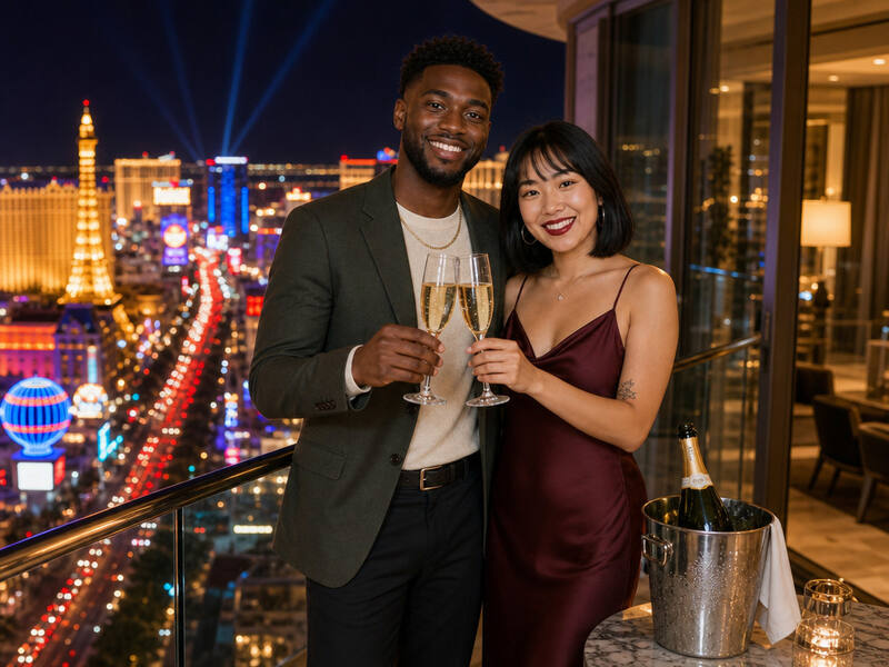 Penthouse Champagne Toast AI photo booth effect — Couple rendering
