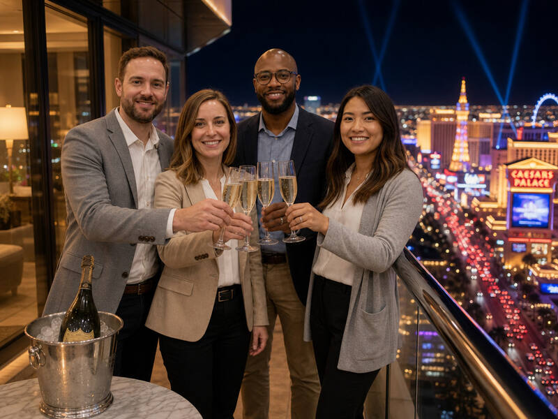 Penthouse Champagne Toast AI photo booth effect — Group rendering