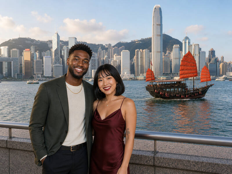 Victoria Harbour Hong Kong AI photo booth effect — Couple rendering