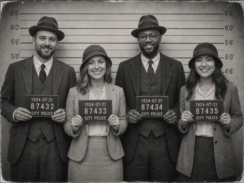 Vintage 1920s Mugshot AI photo booth effect — Group rendering