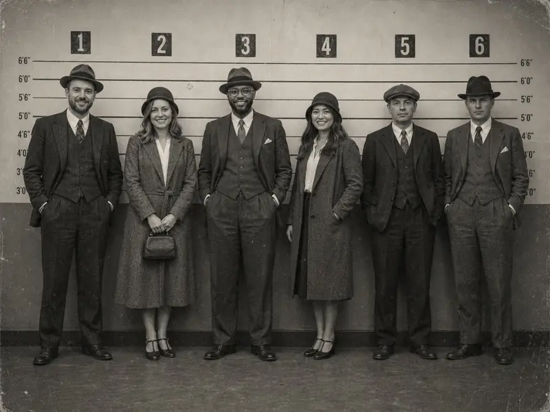 Vintage 1920s Police Lineup AI photo booth effect — Group rendering