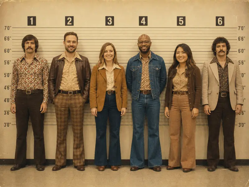 Vintage 1970s Police Lineup AI photo booth effect — Group rendering