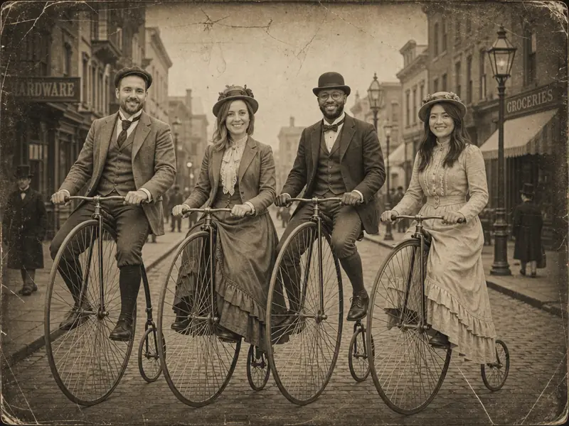 Vintage Penny Farthing Bicycle AI photo booth effect — Group rendering